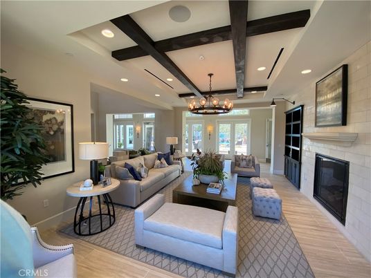 Chandelier, Fireplace, Interior, Living room, Recessed Lighting, Wooden Beams