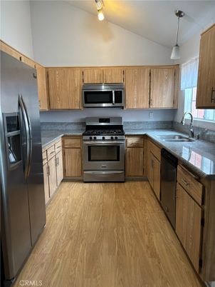 Interior, Kitchen, Pendant Lights, Stainless Steel Appliances, Wood Texture Flooring