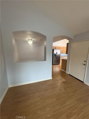 Empty room, Interior, Kitchen, Stainless Steel Appliances, Wood Texture Flooring