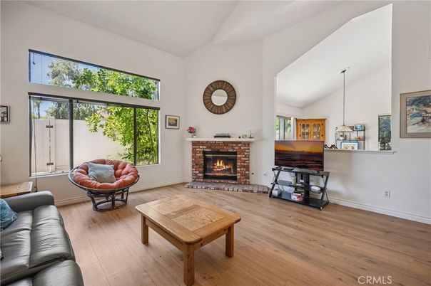 Fireplace, Interior, Living room, Pendant Lights, Wood Texture Flooring