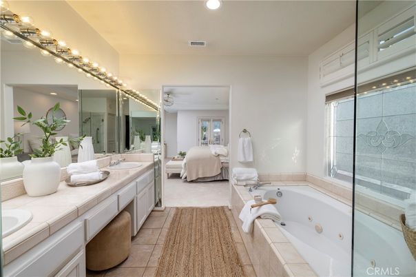 Bathroom, Bedroom, Dual Sink Vanities, Glass Shower, Interior, Recessed Lighting, Tile Countertops