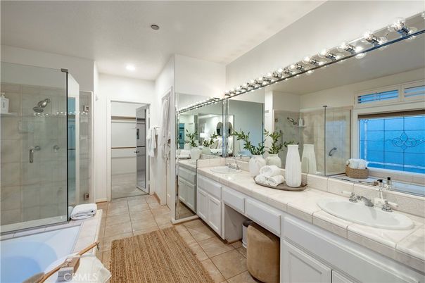 Bathroom, Dual Sink Vanities, Glass Shower, Interior, Recessed Lighting, Tile Countertops