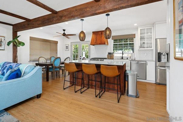 Dining room, Interior, Kitchen, Pendant Lights, Recessed Lighting, Stainless Steel Appliances, Wooden Beams, Wood Texture Flooring