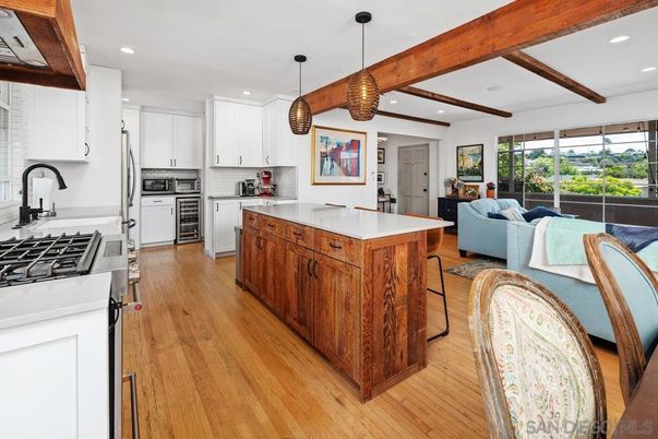 Interior, Kitchen, Living room, Pendant Lights, Recessed Lighting, Stainless Steel Appliances, Wooden Beams, Wood Texture Flooring