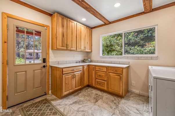 Interior, Kitchen, Recessed Lighting, Tile Countertops, Wooden Beams