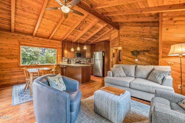 Dining room, Interior, Kitchen, Living room, Pendant Lights, Stainless Steel Appliances, Wooden Beams, Wooden Ceilings, Wood Texture Flooring, Wooden Walls