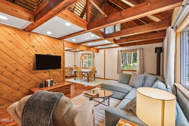 Dining room, Interior, Living room, Recessed Lighting, Wooden Beams, Wooden Ceilings, Wood Texture Flooring, Wooden Walls
