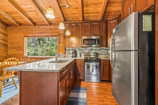 Interior, Kitchen, Pendant Lights, Stainless Steel Appliances, Wooden Beams, Wooden Ceilings, Wood Texture Flooring, Wooden Walls