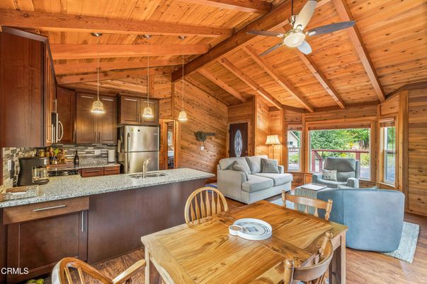 Dining room, Interior, Kitchen, Living room, Pendant Lights, Stainless Steel Appliances, Wooden Beams, Wooden Ceilings, Wood Texture Flooring, Wooden Walls