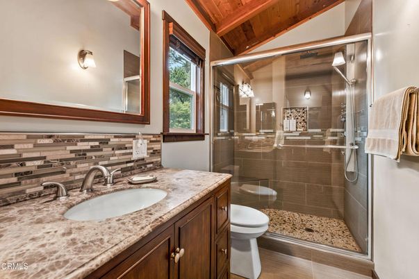 Bathroom, Dual Sink Vanities, Glass Shower, Interior, Wooden Beams, Wooden Ceilings