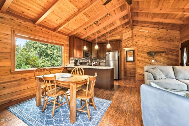 Dining room, Interior, Kitchen, Living room, Pendant Lights, Stainless Steel Appliances, Wooden Beams, Wooden Ceilings, Wood Texture Flooring, Wooden Walls