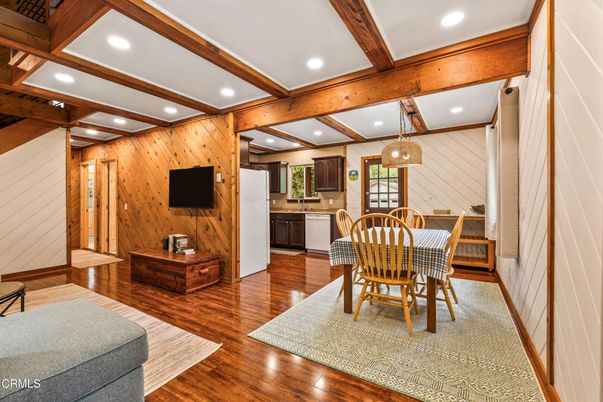 Dining room, Interior, Kitchen, Recessed Lighting, Wooden Beams, Wood Texture Flooring, Wooden Walls