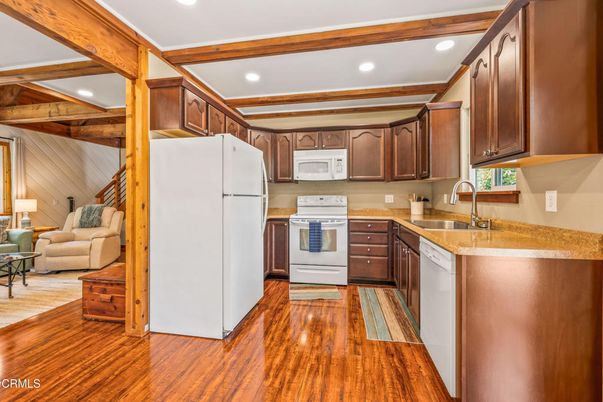 Interior, Kitchen, Recessed Lighting, Wooden Beams, Wood Texture Flooring