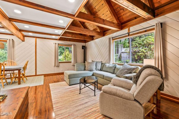Dining room, Interior, Living room, Recessed Lighting, Wooden Beams, Wooden Ceilings, Wood Texture Flooring