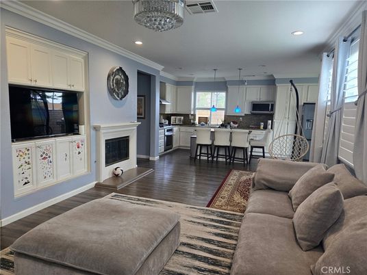 Fireplace, Interior, Kitchen, Living room, Pendant Lights, Recessed Lighting, Wood Texture Flooring
