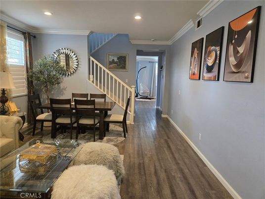 Dining room, Interior, Recessed Lighting, Wood Texture Flooring