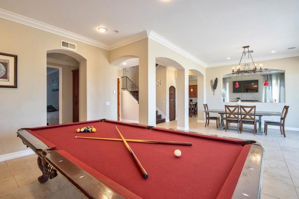 Billiard Table, Chandelier, Dining room, Game Room, Interior, Recessed Lighting