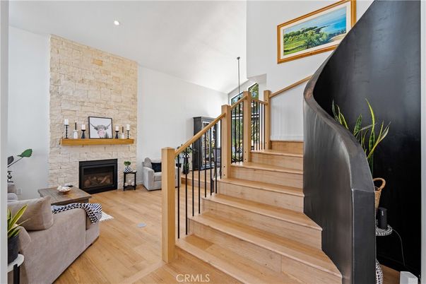 Fireplace, Interior, Recessed Lighting, Stone Walls, Wood Texture Flooring