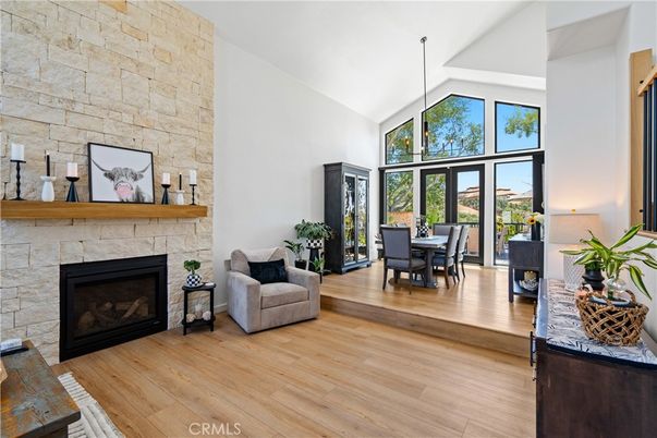 Dining room, Fireplace, Interior, Stone Walls, Wood Texture Flooring