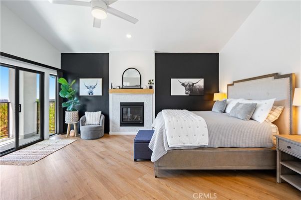Bedroom, Fireplace, Interior, Recessed Lighting, Wood Texture Flooring