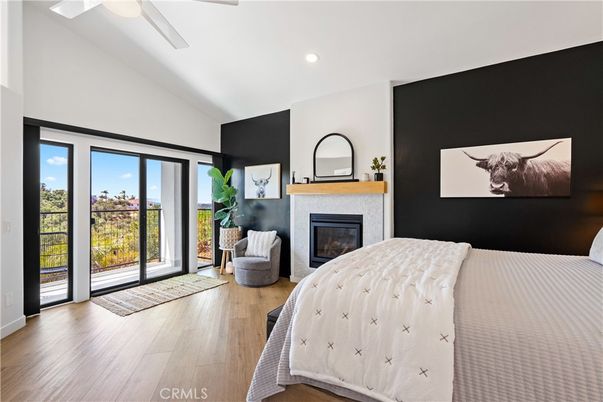 Bedroom, Fireplace, Interior, Recessed Lighting, Wood Texture Flooring