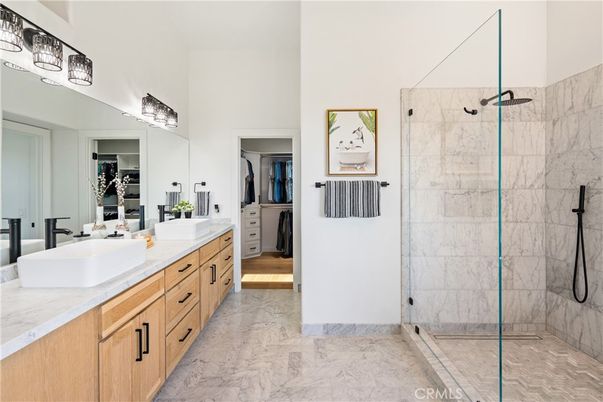 Bathroom, Dual Sink Vanities, Glass Shower, Interior, Marble, Marble Walls