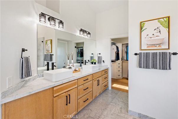 Bathroom, Dual Sink Vanities, Interior, Marble, Wood Texture Flooring