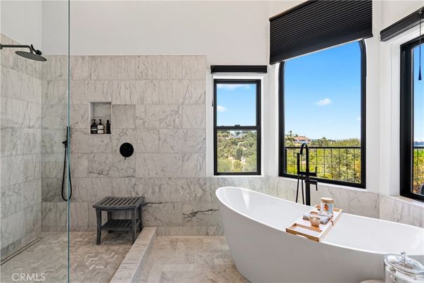 Bathroom, Free Standing Baths, Glass Shower, Interior, Marble, Marble Walls