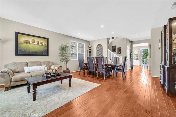 Dining room, Interior, Living room, Recessed Lighting, Wood Texture Flooring