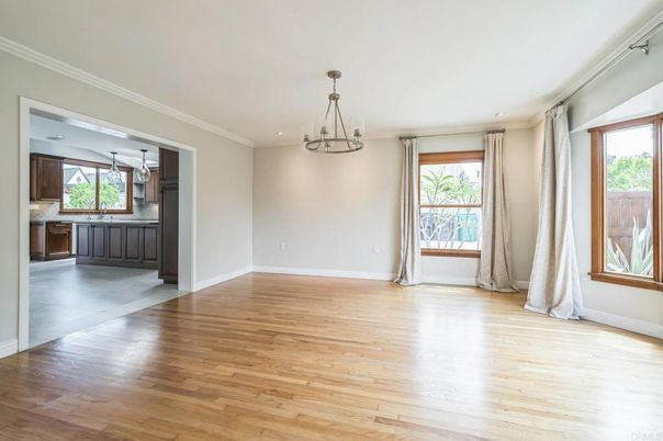 Chandelier, Empty room, Interior, Recessed Lighting, Wood Texture Flooring
