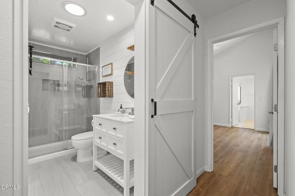 Bathroom, Glass Shower, Interior, Recessed Lighting, Wood Texture Flooring