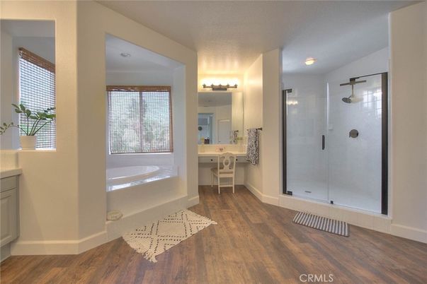 Bathroom, Glass Shower, Interior, Wood Texture Flooring