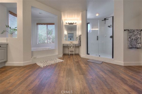 Bathroom, Glass Shower, Interior, Wood Texture Flooring