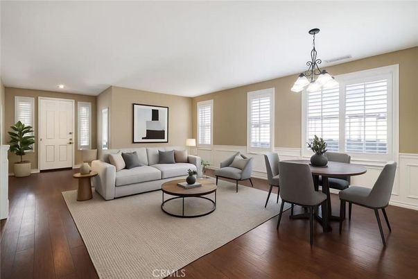 Dining room, Interior, Living room, Recessed Lighting, Wood Texture Flooring