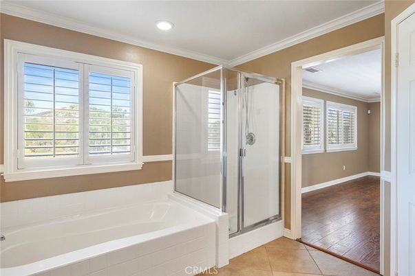 Bathroom, Glass Shower, Interior, Recessed Lighting, Wood Texture Flooring