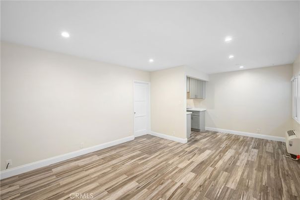 Empty room, Interior, Kitchen, Recessed Lighting, Wood Texture Flooring