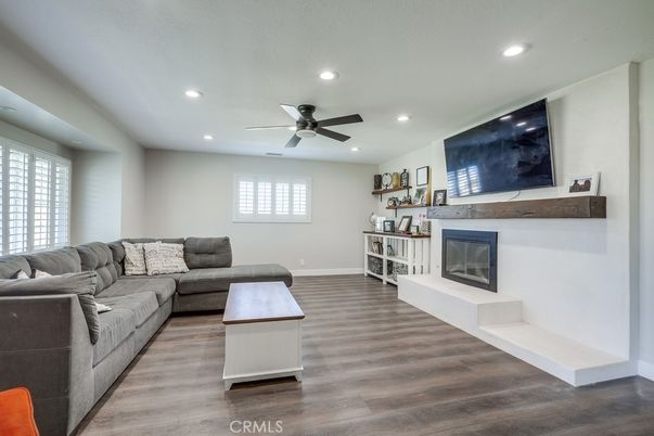 Fireplace, Interior, Living room, Recessed Lighting, Wood Texture Flooring