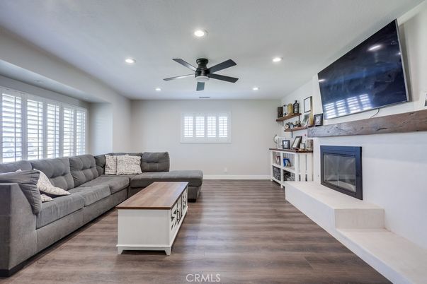Fireplace, Interior, Living room, Recessed Lighting, Wood Texture Flooring