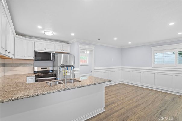 Interior, Kitchen, Recessed Lighting, Stainless Steel Appliances, Wood Texture Flooring