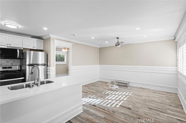 Interior, Kitchen, Recessed Lighting, Stainless Steel Appliances, Wood Texture Flooring