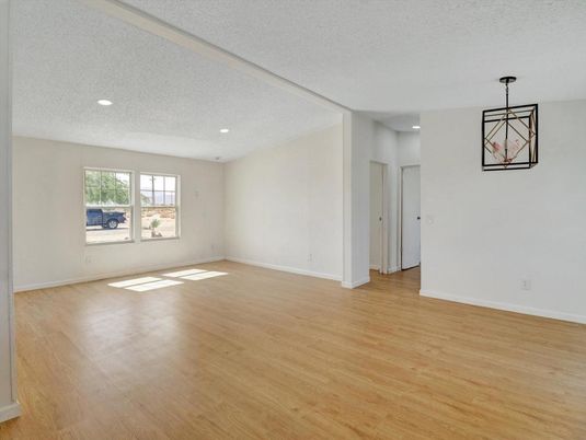Empty room, Interior, Pendant Lights, Recessed Lighting, Wood Texture Flooring