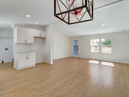 Empty room, Interior, Kitchen, Recessed Lighting, Wood Texture Flooring