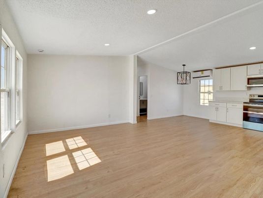 Empty room, Interior, Kitchen, Pendant Lights, Recessed Lighting, Stainless Steel Appliances, Wood Texture Flooring