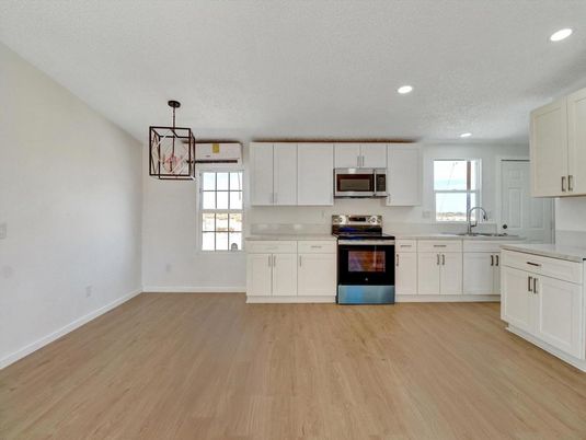 Interior, Kitchen, Pendant Lights, Recessed Lighting, Wood Texture Flooring