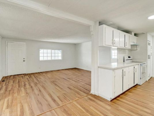 Empty room, Interior, Kitchen, Recessed Lighting, Wood Texture Flooring