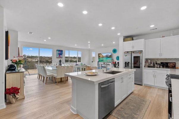 Dining room, Interior, Kitchen, Recessed Lighting, Stainless Steel Appliances, Wood Texture Flooring