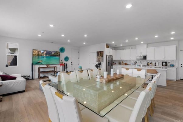 Dining room, Interior, Kitchen, Living room, Recessed Lighting, Wood Texture Flooring