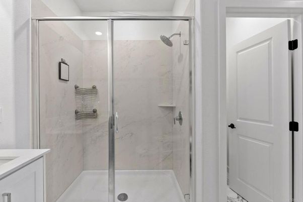 Bathroom, Glass Shower, Interior, Marble Walls, Recessed Lighting