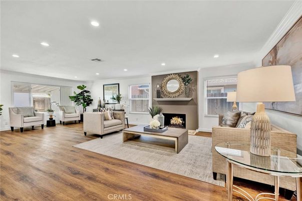 Fireplace, Interior, Living room, Recessed Lighting, Wood Texture Flooring