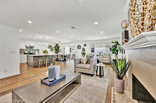 Dining room, Interior, Kitchen, Living room, Recessed Lighting, Stainless Steel Appliances, Wood Texture Flooring